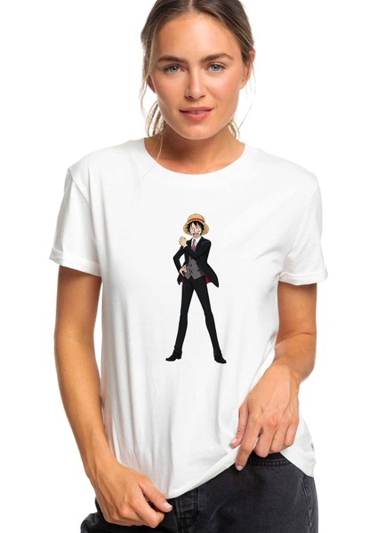 Anime One Piece Commander Baskılı Beyaz Kadın Tshirt