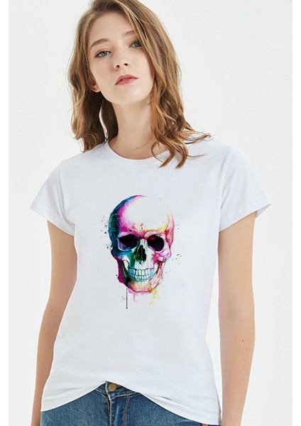 Watercolor Skull Kadın Beyaz Tshirt