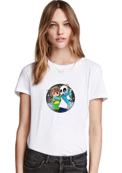 Undertale Skull Sans Os Baskılı Beyaz Kadın Tshirt
