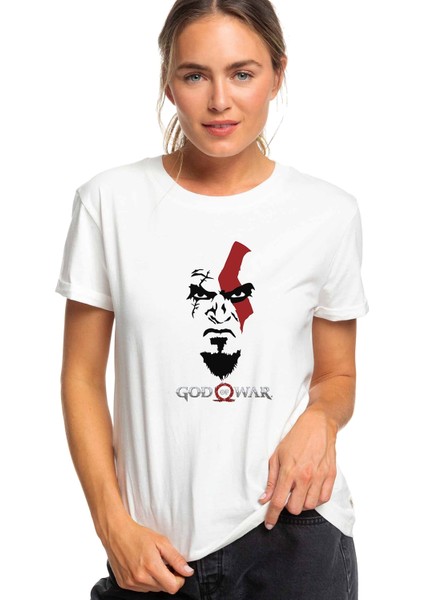 God Of War 2 Face Baskılı Beyaz Kadın Tshirt
