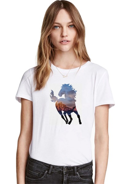 Silhouette Wild Mustang Horse Kadın Beyaz Tshirt