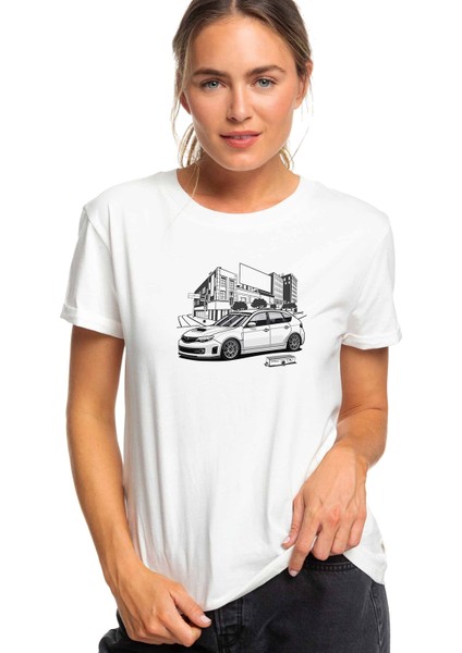 Subaru Hackback Baskılı Beyaz Kadın Tshirt
