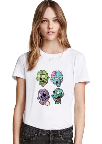 Zombie 4 Head Baskılı Beyaz Kadın Tshirt