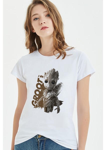 I Am Groot Brush Baskılı Beyaz Kadın Tshirt