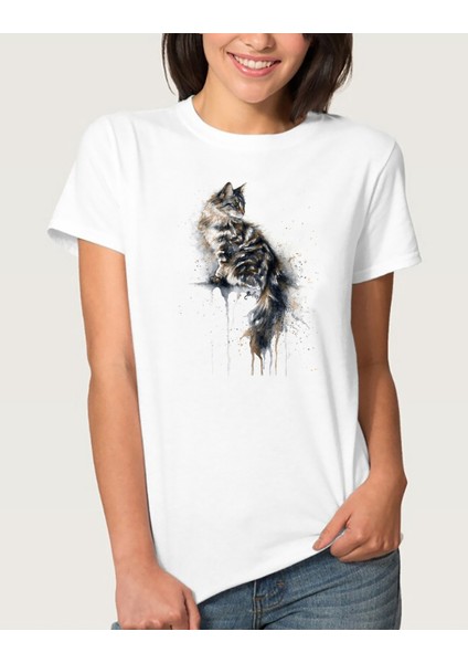 Watercolor Cat Kadın Beyaz Tshirt