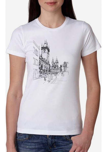 Silhouette Old Town Charles Bridge Kadın Beyaz Tshirt