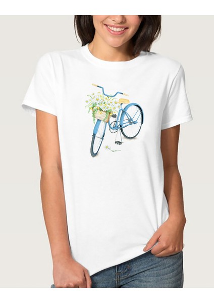 Watercolor Bicycle Kadın Beyaz Tshirt