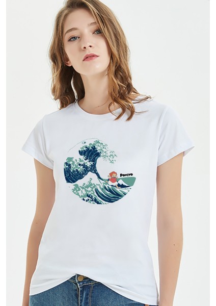 Küçük Deniz Kızı Ponyo Gake No Ue No Ponyo Baskılı Beyaz Kadın Örme Tshirt