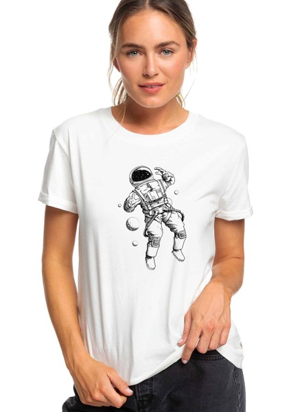 Astronot Uzay Gezintisi Baskılı Beyaz Kadın Tshirt
