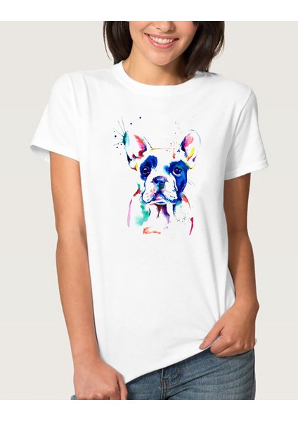 Watercolor Bulldog Kadın Beyaz Tshirt