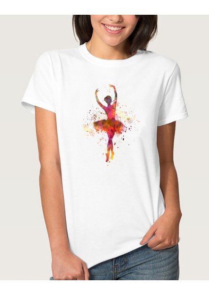 Watercolor Ballet Dancer Kadın Beyaz Tshirt