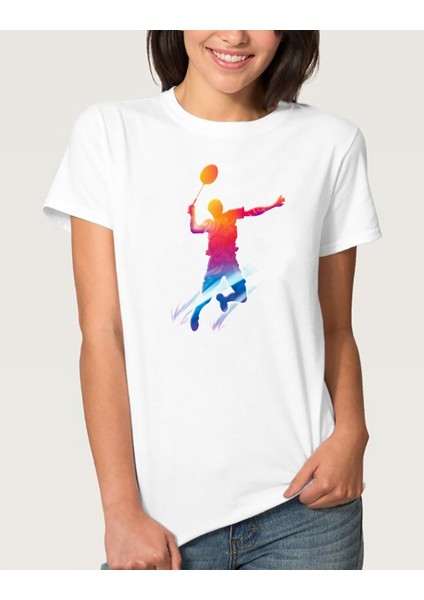 Watercolor Badminton Kadın Beyaz Tshirt