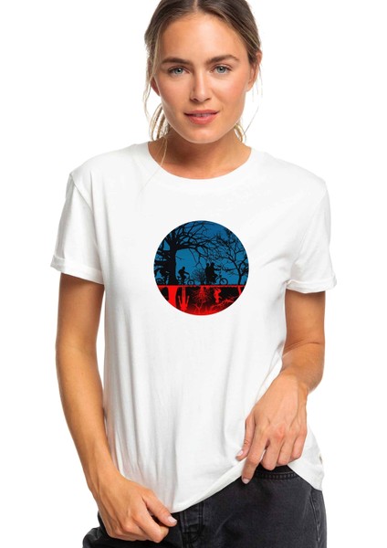 Stranger Things The Upside Down Biker Baskılı Beyaz Kadın Tshirt