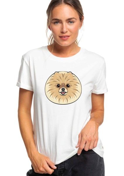 Dog Head Köpek Baskılı Beyaz Kadın Tshirt