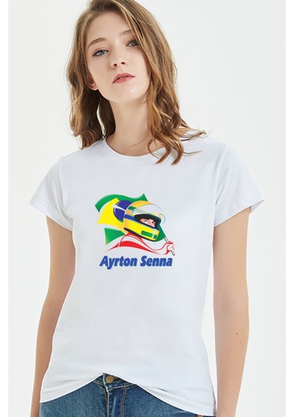 Formula F1 Ayrton Senna F1 Car Baskılı Beyaz Kadın Tshirt