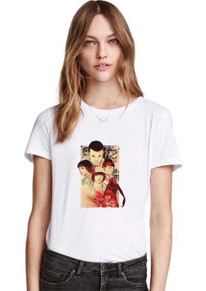 Stranger Things Eleven Dustin Demogorgon Baskılı Beyaz Kadın Tshirt