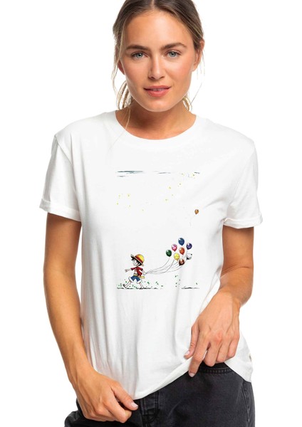 Anime One Piece Balon Baskılı Beyaz Kadın Tshirt