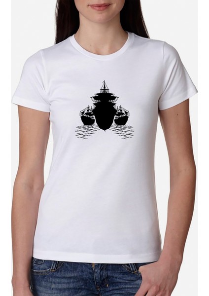 Silhouette Guns And Ships Kadın Beyaz Tshirt