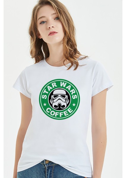 Star Coffee Baskılı Beyaz Kadın Tshirt