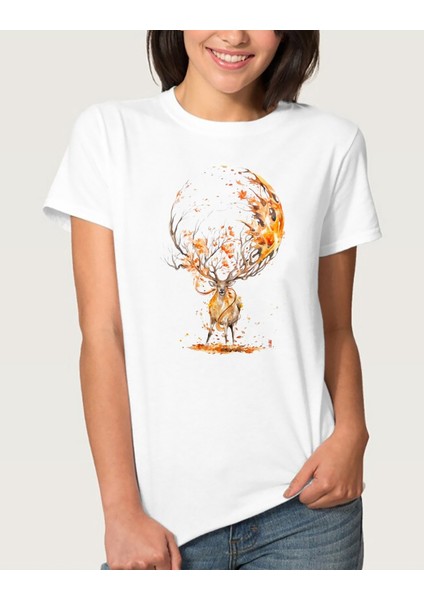 Watercolor Autumn Deer Kadın Beyaz Tshirt