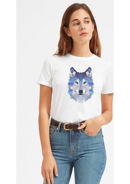 Polygonal Head Wolf Kurt Baskılı Beyaz Kadın Tshirt