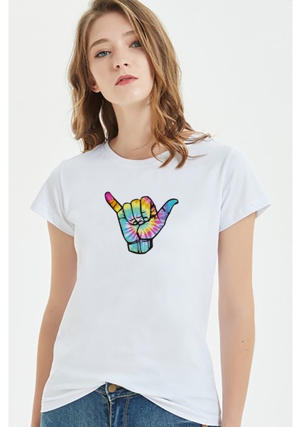 Watercolor Hang Loose Shaka Kadın Beyaz Tshirt