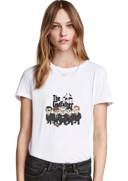 Godfather Cartoon Baskılı Beyaz Kadın Tshirt