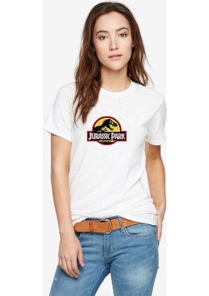 Jurassic Park Logo Black Yellow Red Baskılı Beyaz Kadın Tshirt