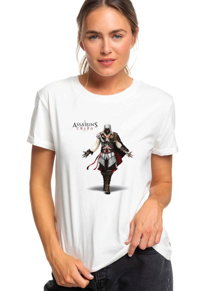 Assasins Creed Baskılı Beyaz Kadın Tshirt