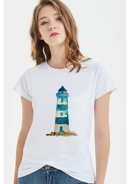 Watercolor Lighthouse Kadın Beyaz Tshirt
