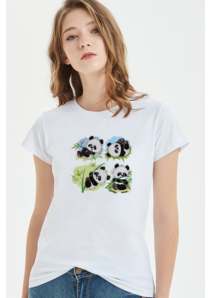 Panda Baskılı Beyaz Kadın Tshirt