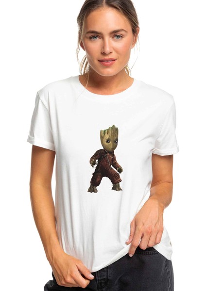 Groot Baskılı Beyaz Kadın Örme Tshirt