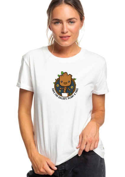 Groot Pattern Galaxy Plant Baskılı Beyaz Kadın Örme Tshirt
