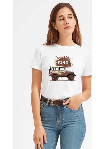 Toyota FJ40 Baskılı Beyaz Kadın Tshirt