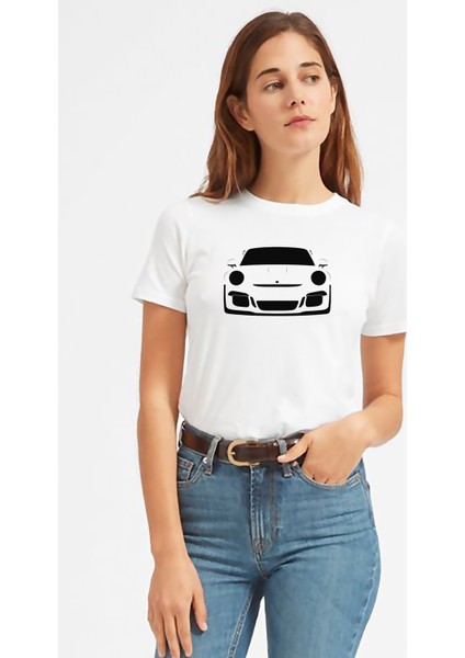 Porsche Baskılı Beyaz Kadın Tshirt
