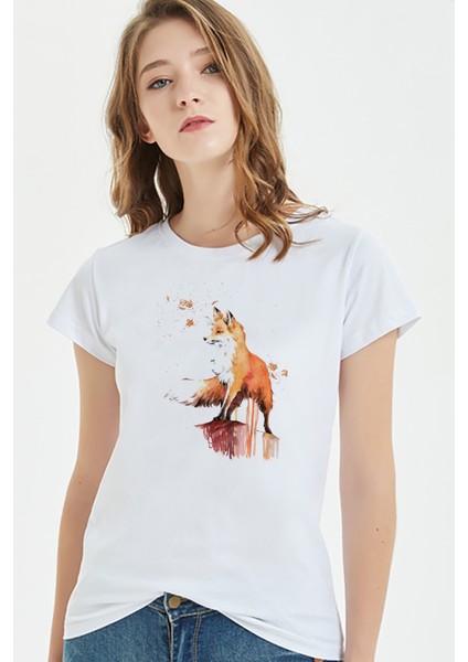 Watercolor Fox Kadın Beyaz Tshirt