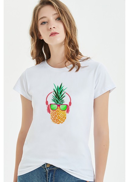 Ananas Retro Gözlük Baskılı Beyaz Kadın Örme Tshirt