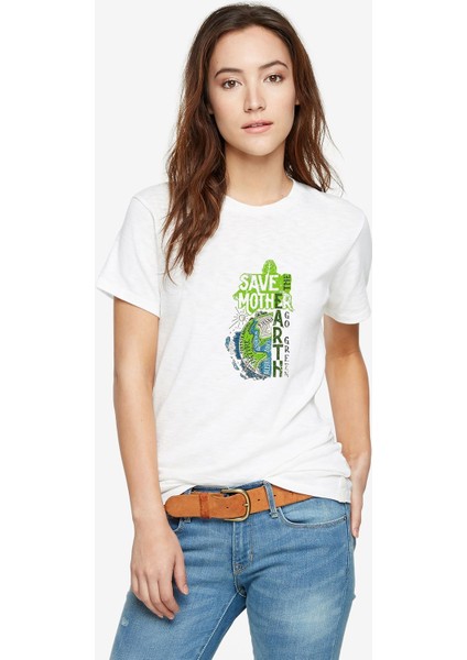 Green Earth Baskılı Beyaz Kadın Tshirt