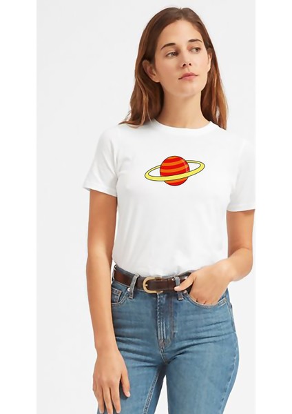 Saturn Baskılı Beyaz Kadın Tshirt