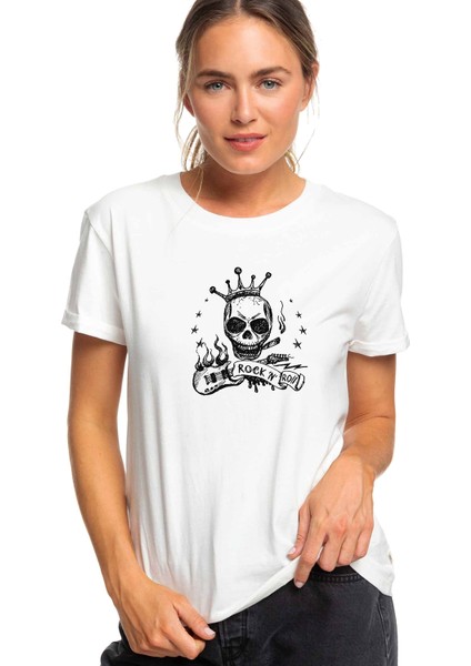 Rock'n Roll Baskılı Beyaz Kadın Tshirt