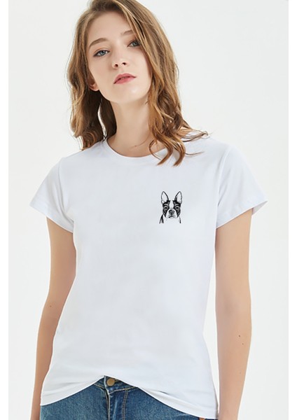Boston Terrier Fransız Bulldog Köpek Yavrusu Baskılı Beyaz Kadın Tshirt