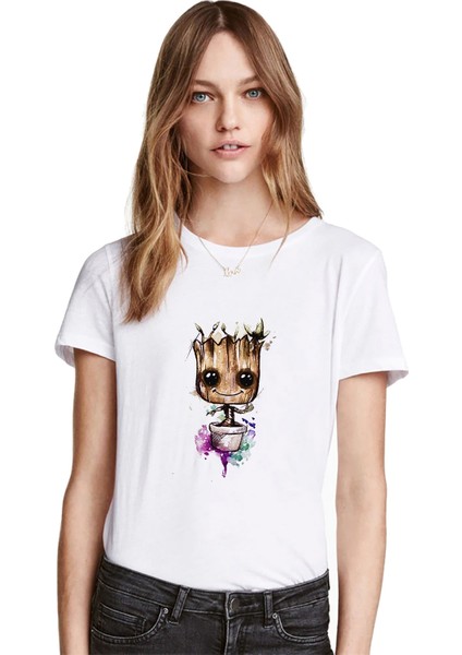 I Am Groot Water Color Baskılı Beyaz Kadın Tshirt