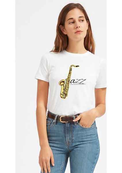 Only Jazz Baskılı Beyaz Kadın Tshirt