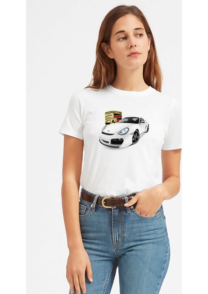 Porsche Baskılı Beyaz Kadın Tshirt