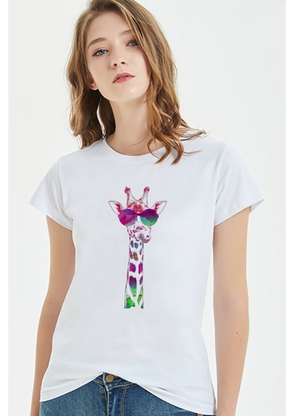 Watercolor Giraffe Kadın Beyaz Tshirt
