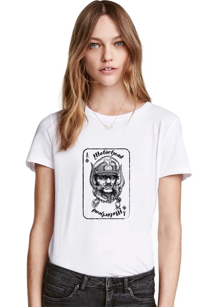 Motorhead Iskanbil Baskılı Beyaz Kadın Tshirt