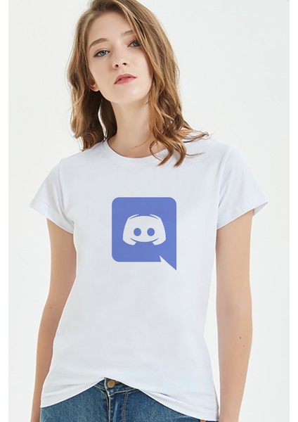Discord Logo Baskılı Beyaz Kadın Tshirt