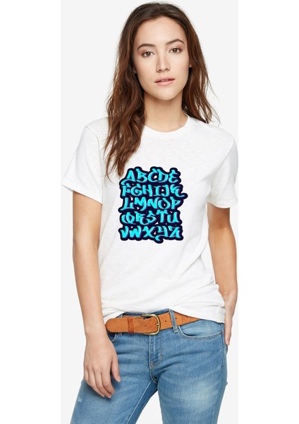 Graffiti Letter Tag Baskılı Beyaz Kadın Tshirt