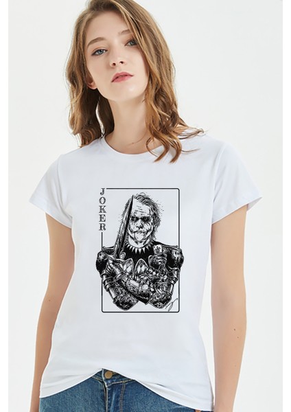 Gambling Joker Sword Baskılı Beyaz Kadın Tshirt