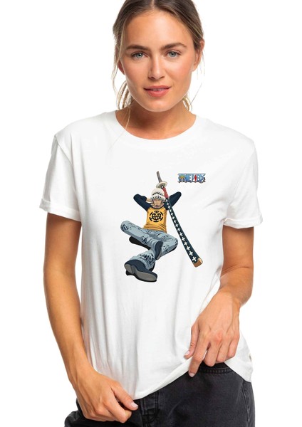 Anime One Piece Trafalgar Law Baskılı Beyaz Kadın Tshirt
